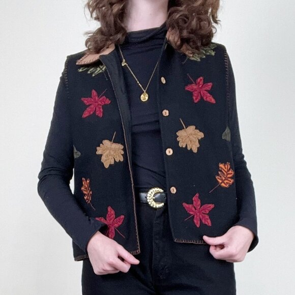 Vintage Wool Fall Leaf Sweater Vest Oversized Sleeveless Jacket Coat Novelty 90s - Picture 4 of 8